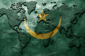 Obraz premium Flag of mauritania on the ancient leather old world map . Adventure concept. Macro shot. Generative Ai