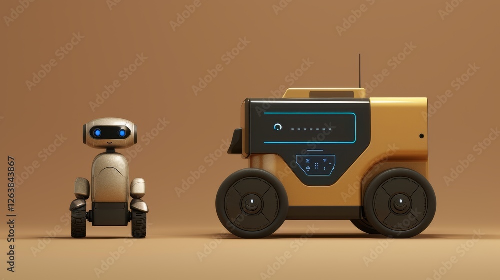 Poster a small humanoid-style robot alongside a compact, modern delivery unit on a clean beige backdrop. a 