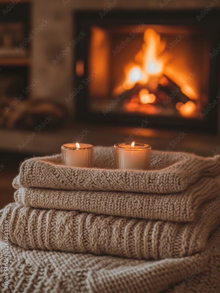 Poster cozy knitted blankets and lit candles near a warm fireplace create a relaxing atmosphere in a living