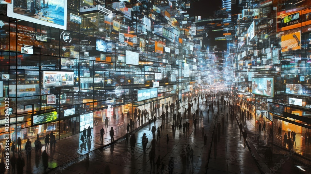 Poster a bustling crowd walking through a futuristic corridor surrounded by towering digital screens displa