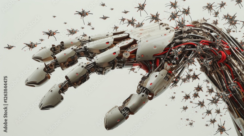 Poster a futuristic robotic hand intricately designed with exposed wires and metallic joints releases a swa