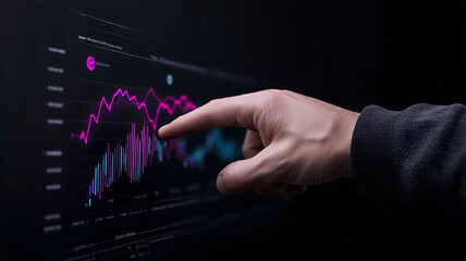 Digital Graphic of a Hand Swiping Through Holographic Graphs and Charts A sleek digital graphic illustration featuring a hand swiping left through holographic
