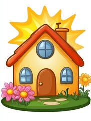 Illustrated sun powered house with radiant solar energy, cheerful ambiance, renewable energy concept, sustainable living, eco conscious home design, bright colors