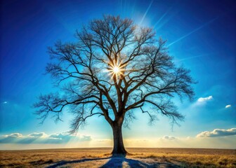 A dry tree's stark silhouette, bathed in sun, defines a fantastical spring scene under a boundless blue.
