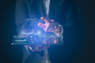 Businessman checking diagram or stock market data Big data technology and data science in concept of data analysis. Data scientist querying, analysing and visualizing complex set on virtual screen
