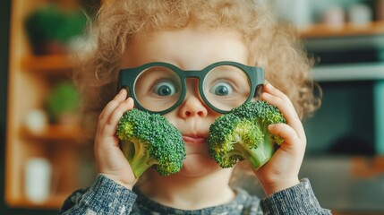 Young child joyfully holds broccoli with oversized glasses while making a playful face in a kitchen setting