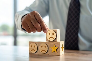 Businessman arranging wooden blocks with emoticons to symbolize customer feedback and satisfaction
