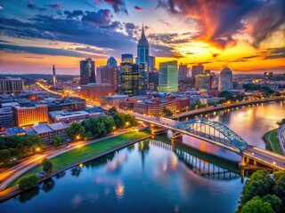 Obraz premium Aerial view: Nashville's cityscape at blue hour; bridges spanning the twilight, a panoramic masterpiece.