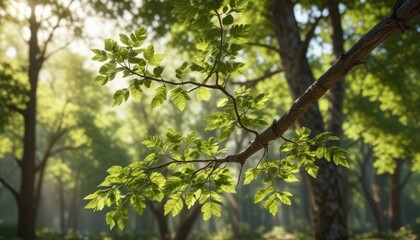 Close-up of a single tree branch in a wald with dappled sunlight, outdoor, dappled light, forest scenery