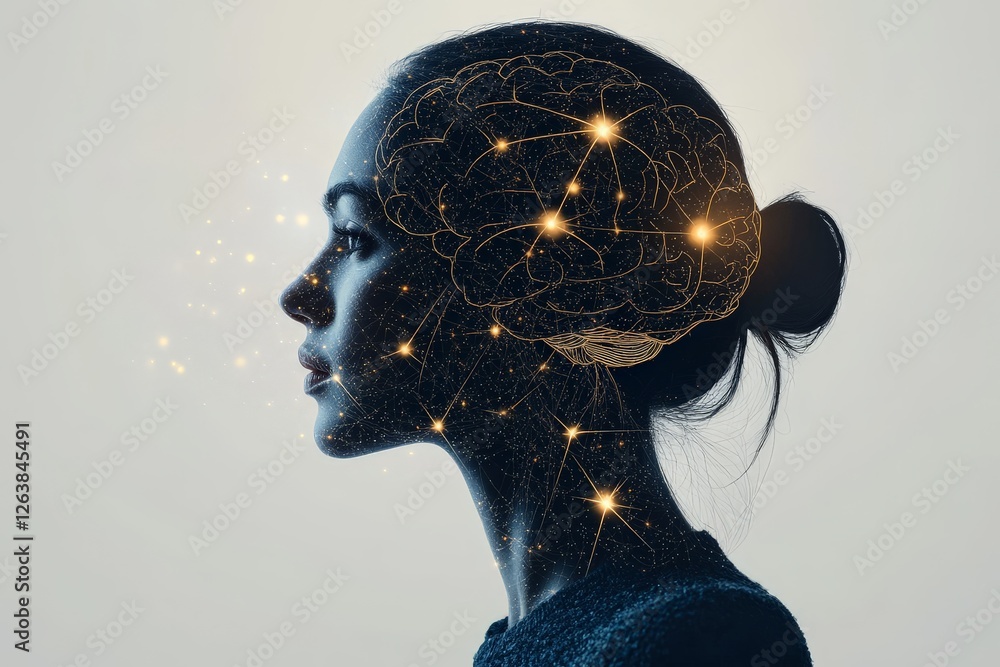 Poster cybernetic woman with golden neural circuits embedded in head, symbolizing artificial intelligence, 