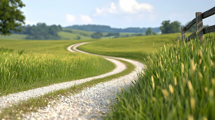 Winding country road through green fields, scenic landscape background, travel poster