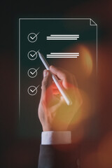 Business hand using pen tick check mark. Human resources management and document approval and...