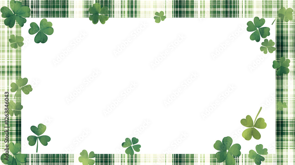 Poster rectangular frame bordered with green plaid patterns and clovers