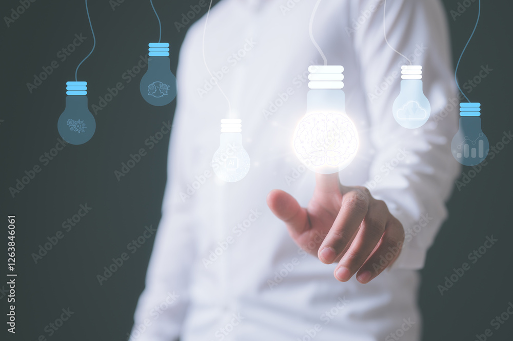 Poster a man using hand pointing and showing virtual light bulb in the creative idea and concept of idea an
