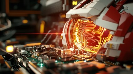 Close-up of a futuristic circuit board with glowing elements and intricate details, showcasing technology
