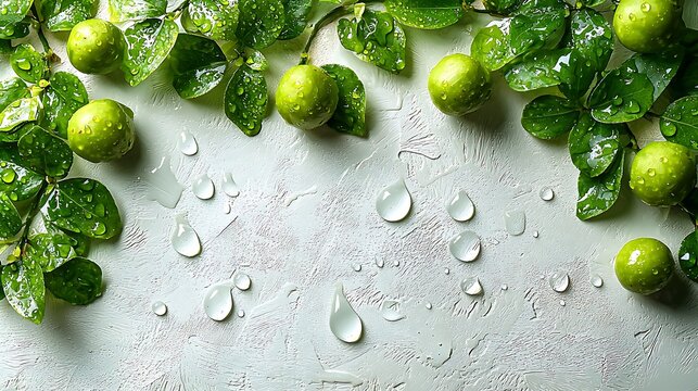 Fresh limes with leaves and water drops on a textured surface; ideal for food blogs or recipe websites