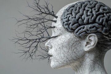 Conceptual surreal illustration of a stone bust with brain transforming into tree branches, symbolizing knowledge growth, wisdom, and intellectual expansion in high resolution artistic composition