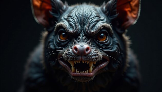 Close-up of bat's face with sharp teeth , textured, closeup, bat