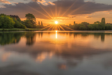 Obraz premium A serene lake mirroring the warm sunset, embraced by verdant trees. Peaceful, reflective water, glowing sky, lush foliage, tranquil setting.