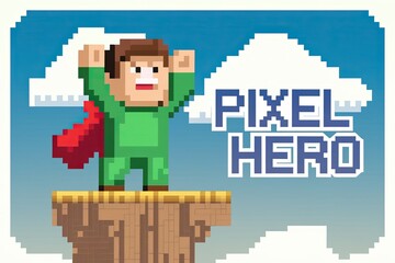 Obraz premium 8-bit Style Superhero, Pixelated Design, Retro Game Aesthetic, Blue Sky and Clouds Background
