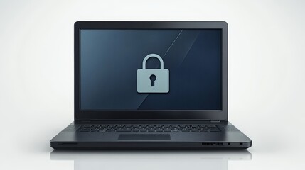 Minimalist black laptop with digital padlock icon on screen, symbolizing cybersecurity, online data privacy, encrypted access, secure technology concept, modern digital security visualization