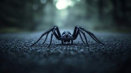 A huge spider dominates ominously in a foggy forest, setting a spooky, suspenseful scene