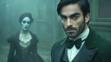 A smartly dressed man sprints away from a hauntingly menacing ghost in a graveyard, evoking a thrilling and suspenseful mood