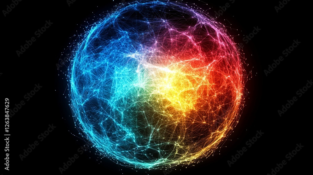 Poster digital representation of a vibrant network sphere showcasing intersections of energy and color in a