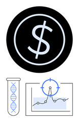 Dollar symbol, DNA strand in test tube, and data chart with target icon. Ideal for biotech, finance analysis, pricing strategy, research funding, innovation, medical developments abstract line flat