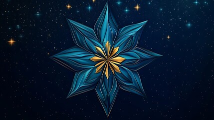 Celestial Blue and Gold Flower: A Digital Illustration Against a Starry Night AI Generated