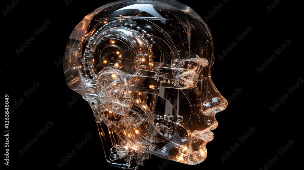 Poster a futuristic transparent robotic head with intricate mechanical gears and glowing elements, symboliz