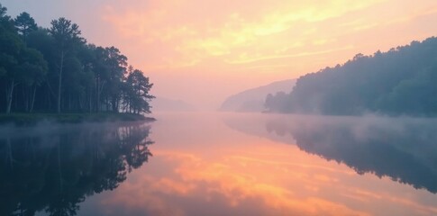Foggy lake scene with soft warm light on the water's surface and blurred surrounding trees, lake scenery, peaceful atmosphere