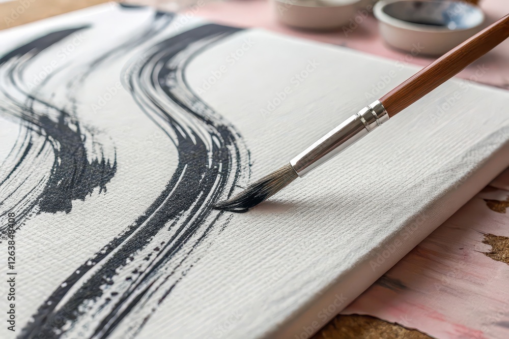 Poster close-up of a paintbrush creating abstract black strokes on a textured canvas in a creative workspac