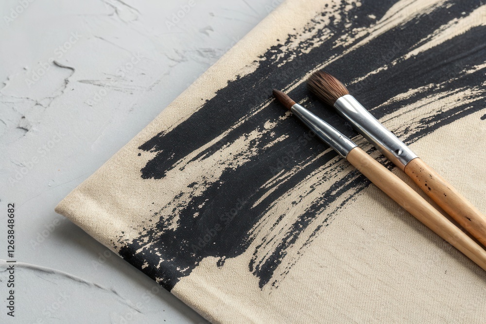 Poster close-up of paintbrushes resting on textured paper with black strokes, showcasing artistic tools in 