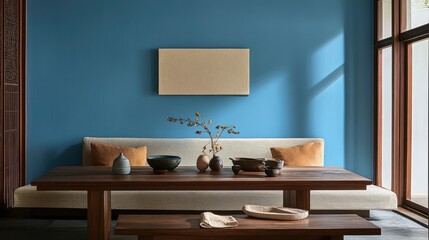 Minimalist dining area with a blue accent wall, wooden table, and warm beige textiles