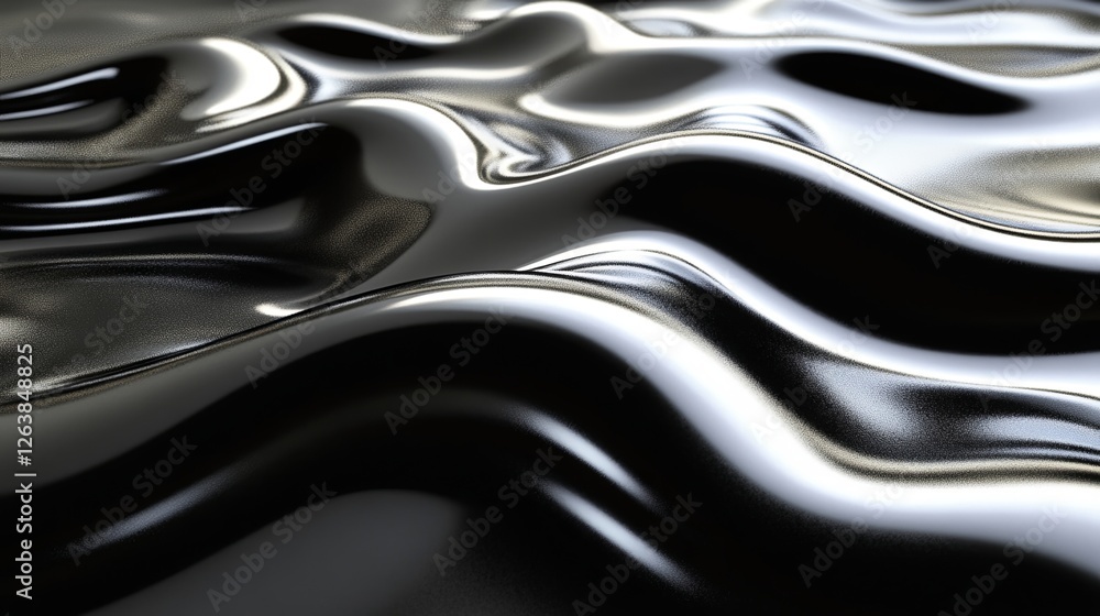 Poster surface with flowing black texture displaying dynamic waves and reflections in a soft light environm