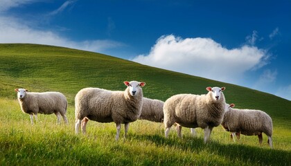 Naklejka premium Sheeps in a meadow on green grass at blue sky. Portrait of sheep. Flock of sheep grazing in a hill. Cute little lamb on fresh spring green meadow during sunrise. Eid mubarak 