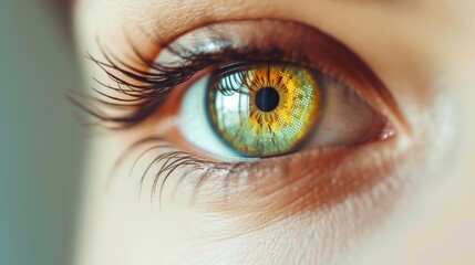 Fototapeta premium Vibrant macro shot showcasing a green-yellow eye with intricate details and luminous reflections, emphasizing texture and clarity in a soft-focused background. AI generated.