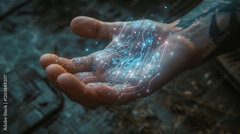 Poster close-up of a hand with glowing, intricate circuitry patterns, symbolizing the integration of humani