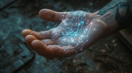 Fototapeta premium Close-up of a hand with glowing, intricate circuitry patterns, symbolizing the integration of humanity and advanced technology. AI generated.