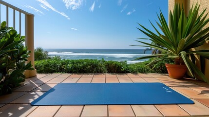 A tranquil outdoor yoga mat on a sunny terrace overlooking the ocean, perfect for meditation and relaxation. Sunrise Stretch ,Mindful Moments