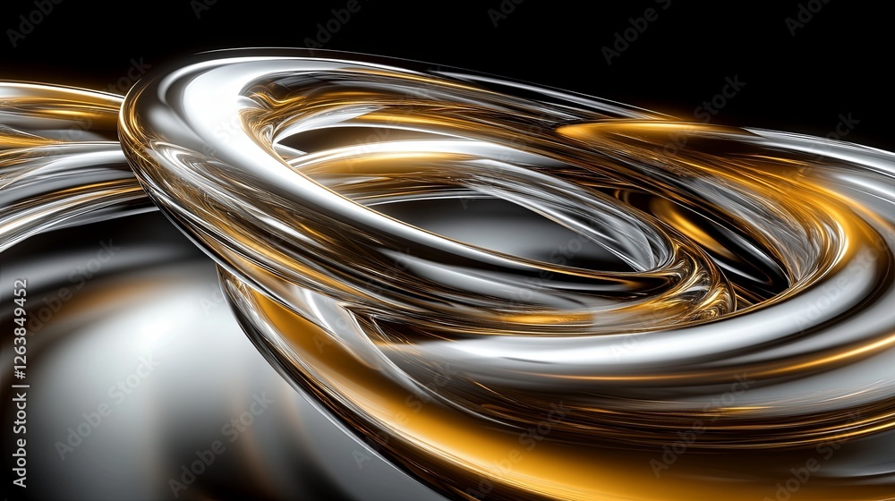 Poster shimmering metallic rings intertwine, creating a dynamic interplay of light and texture in a dark se