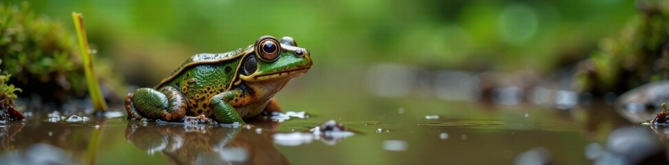 Naklejka premium Frog taking a mud bath in the forest, wildlife, serenity, nature