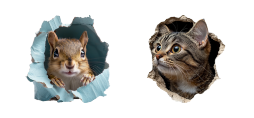 Cute Squirrel and Cat Emerging from Holes