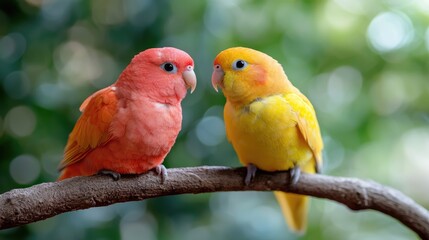 Obraz premium Two lovebirds perched on branch, green bokeh background, nature, wildlife photography