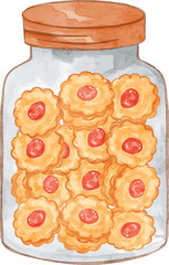 Cookies with strawberry jam in a jar. Watercolor vector cookies fit for label, cooking books or eid al fitr assets