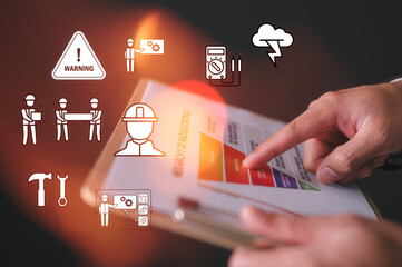 Risk management and workplace safety concept, Businessman holding clipboard and hazard report on...