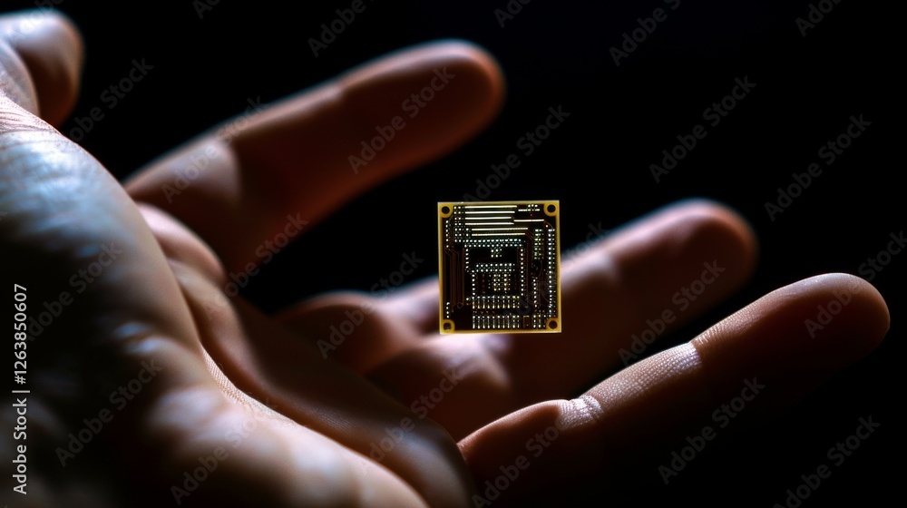 Aufkleber a close-up view of a microchip resting on a hand, illuminated by dramatic lighting against a dark ba