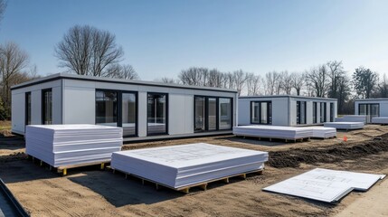 Modern Prefabricated Houses Under Construction on a Sunny Day