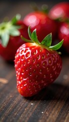 Close-up of juicy strawberry, red, texture, ripe